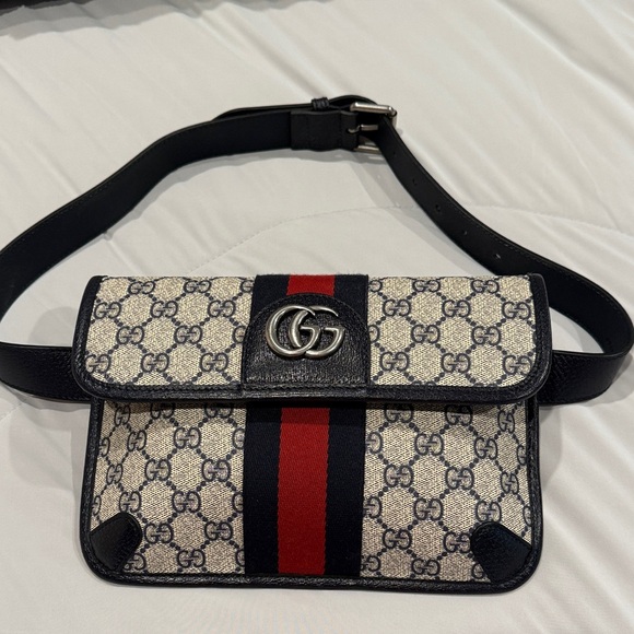 Gucci Handbags - Gucci Blue and Grey Crossbody/Belt Bag with Red Stripe